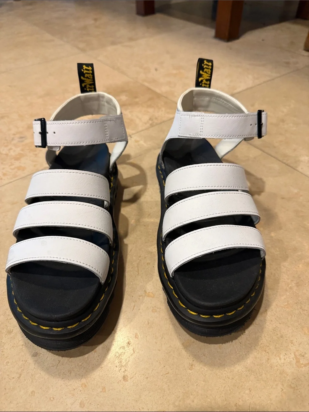 Dr. Martens White Triple-Strap Platform Sandals with Yellow Stitching